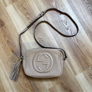 Gucci Pebbled Leather Crossbody Bag in Taupe